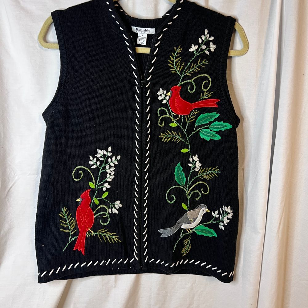 Hampshire Studio Knit Black Vest Birds Embroidery Womens Size‎ Small Full Zip